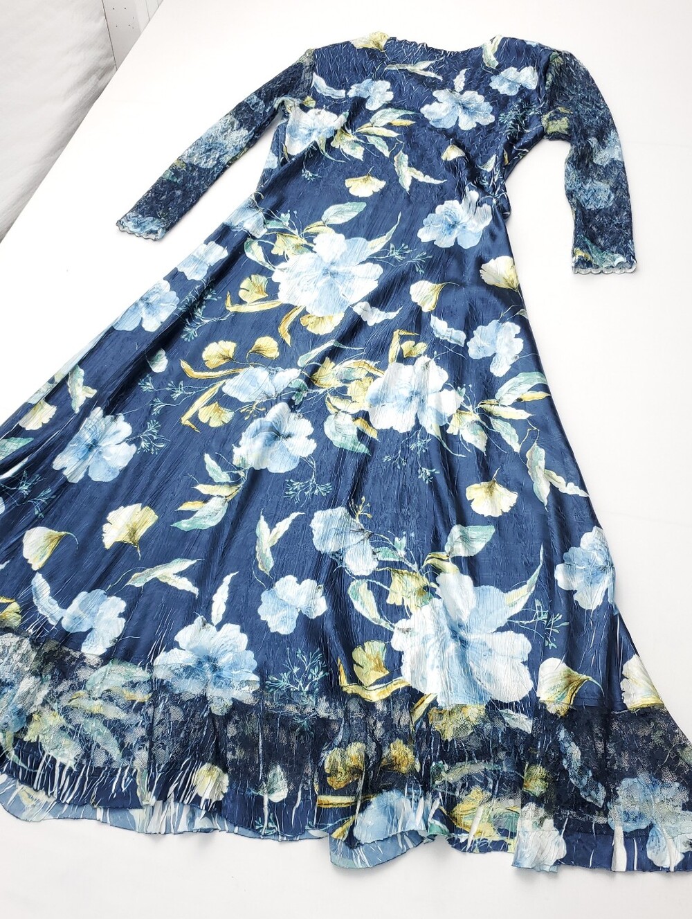 Komarov Lace Sleeve Charmeuse & Chiffon Blue Floral Evening Cocktail Dress PXL - Picture 12 of 14